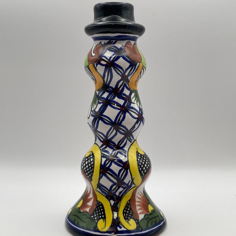Rare Hand Painted Ceramic Candlestic Liceagula Sin Plomo Mexico Farmhouse 7 1/2"